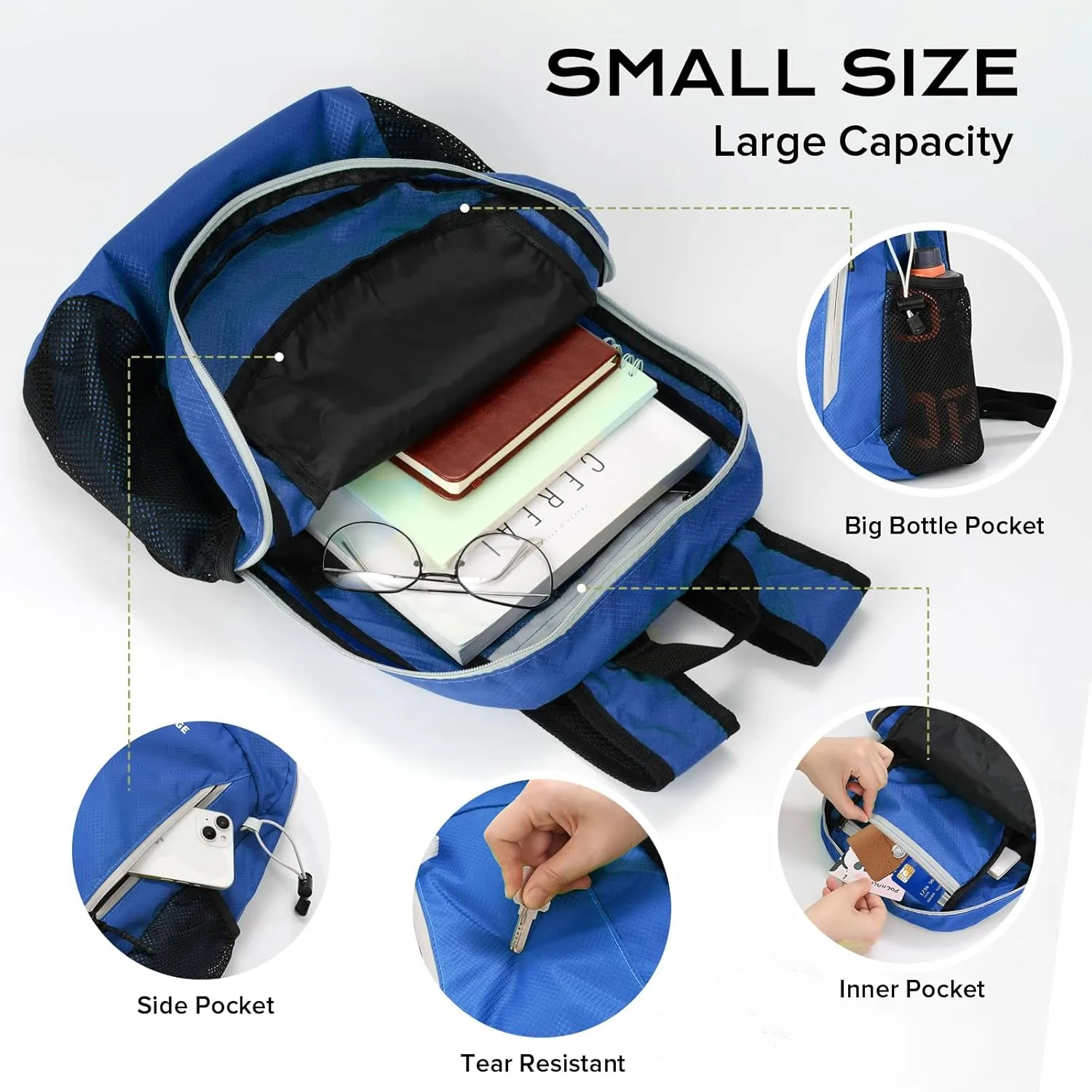 15L Water-resistant Hiking Daypack, Small Backpack Travel Outdoor, Lightweight Day Pack with Tool Loops