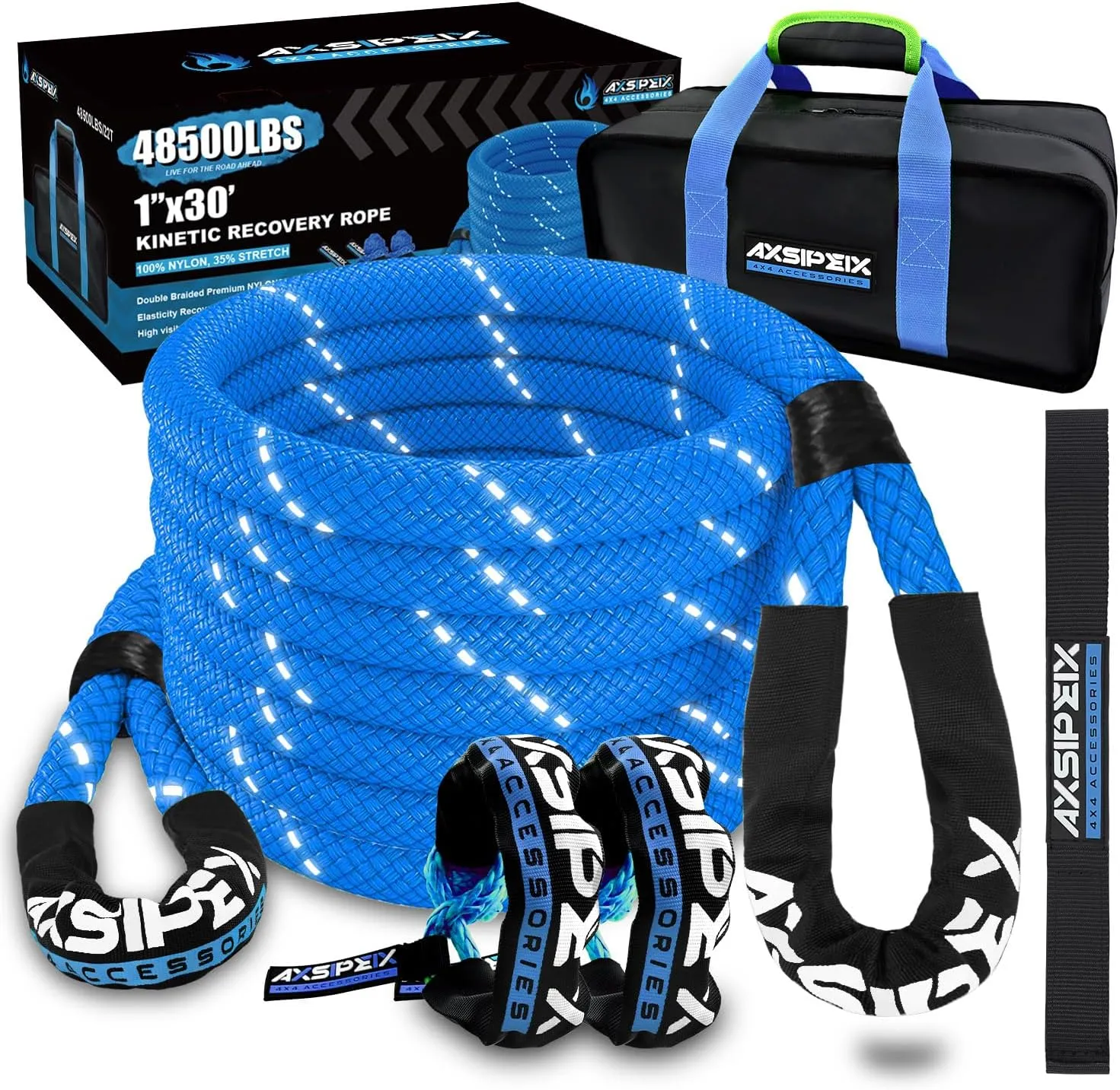 1"30ft Kinetic Recovery Rope (48,500lbs) Heavy Duty Offroad Recovery Rope with 2 Soft Shackles 1/2" x 22" Offroad Recovery Kit for UTV, ATV, Truck, Car (Blue)