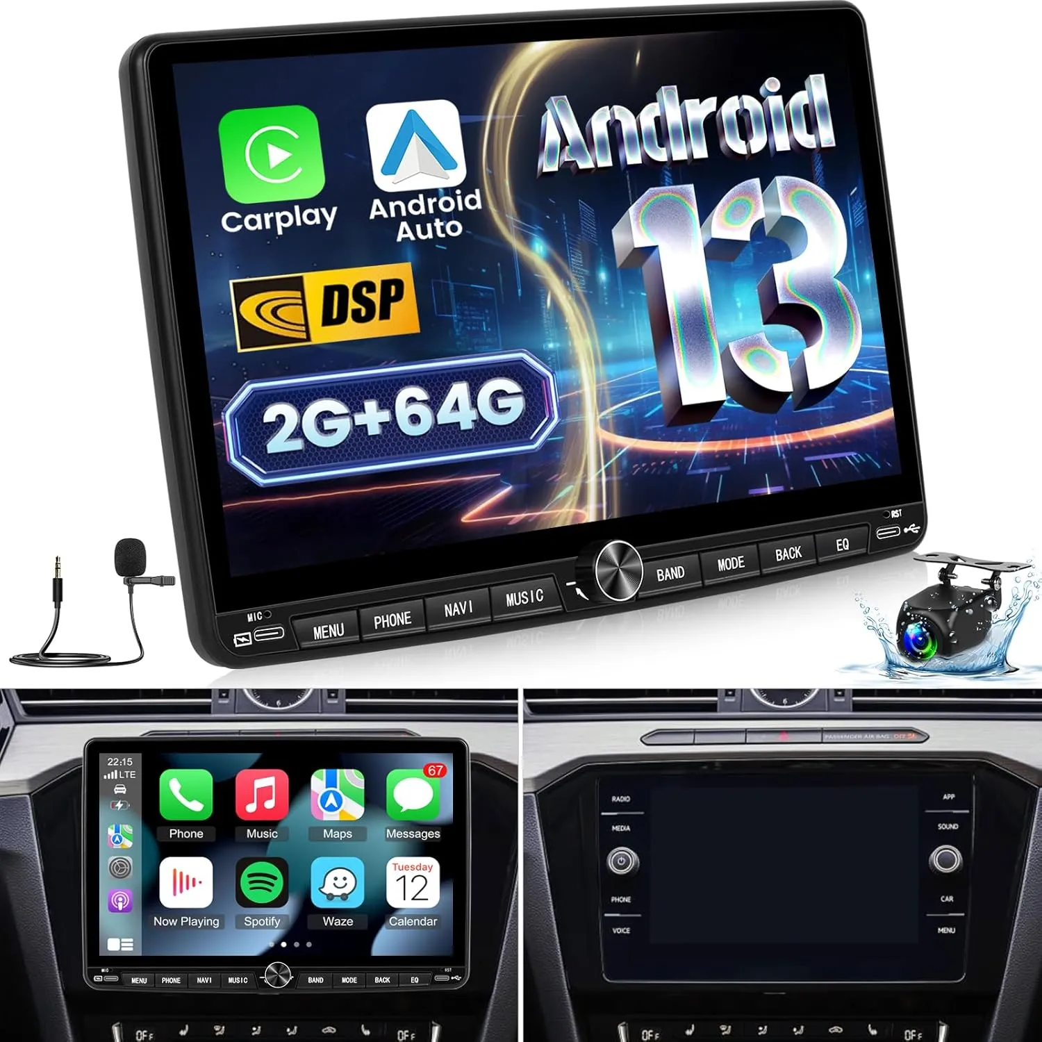 2 64G Android 13 Wireless Carplay Double Din Car Stereo, 10.1 Inch HD Touch Screen Car Radio, Android Auto GPS WiFi DSP SWC Split Screen   MIC, AHD Backup Camera