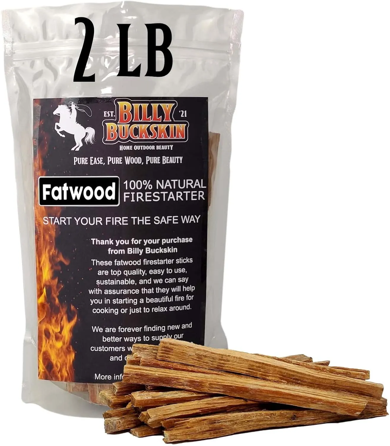 2 LB. Billy Buckskin Fatwood Fire Starter Sticks, Start a Fire with Just 3 Sticks, Firestarter for Firepit, Campfire, Wood Stoves, Fireplaces, Bonfire & Grilling BBQ & Camping Essentials (2 Pound Bag)
