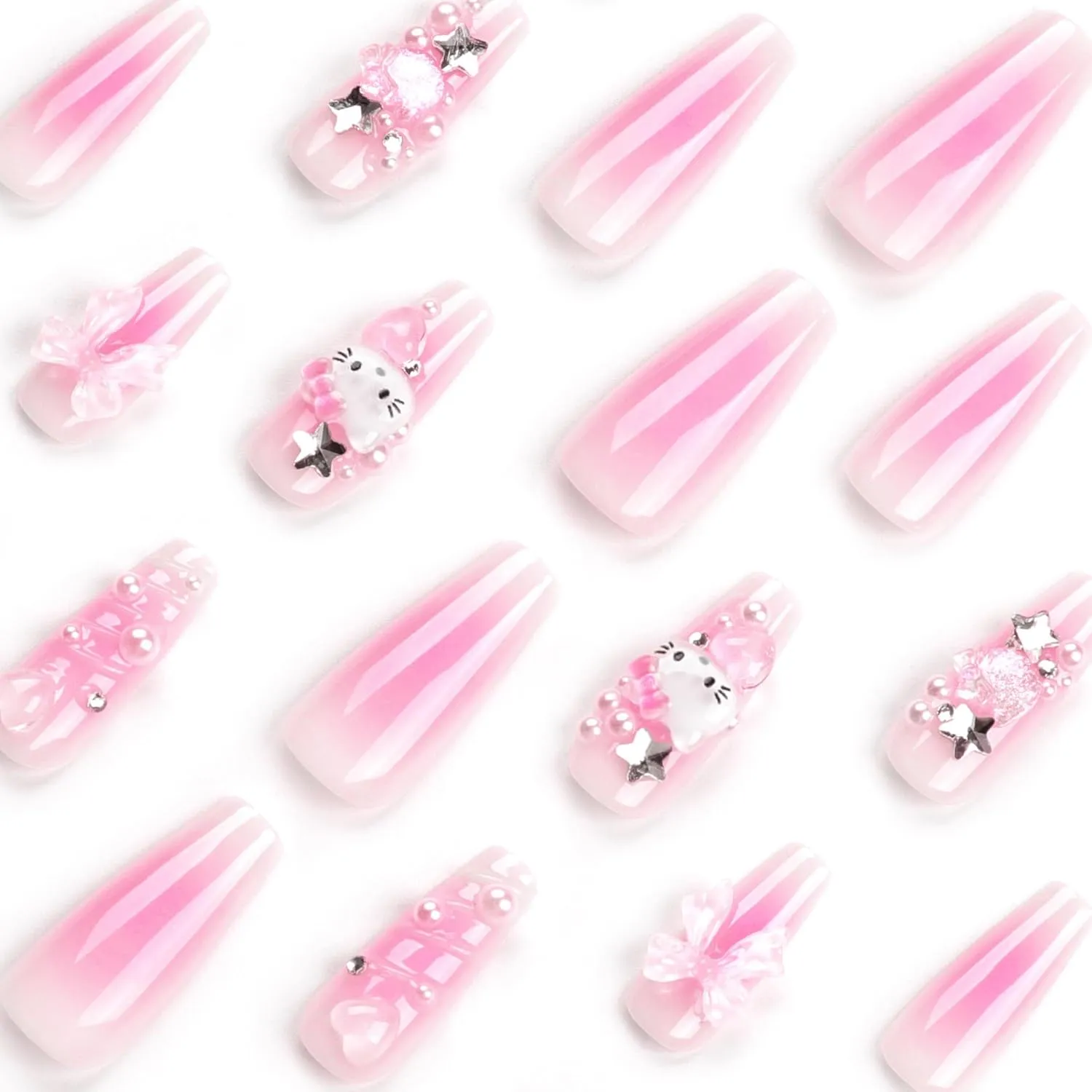 24Pcs Pink Coffin Nails Press on Nails Long Coffin Fake Nails with 3D Heart Pearl Star Nail Charms Design Nail Gems Diamond Pink Acrylic Nails Supply Full Cover False Nails Stick on Nails for Women