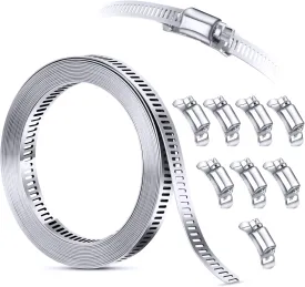 304 Stainless Steel Hose Clamp Assortment Kit DIY, Cut-To-Fit 12 FT Metal Strap 8 Stronger Fasteners,Large Adjustable Worm Gear Band Hose Clamps Screw Clamps Duct Pipe Metal Clamp Strapping
