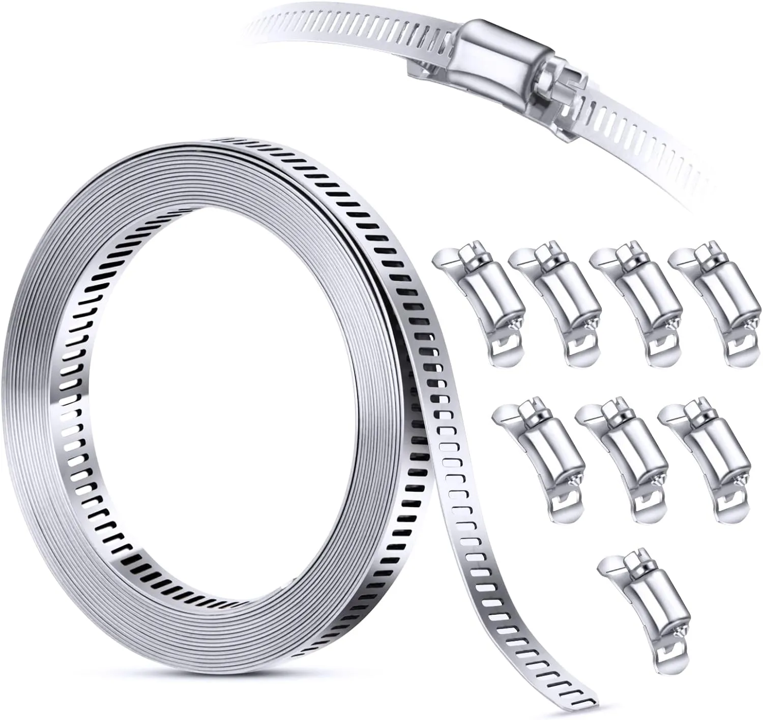 304 Stainless Steel Hose Clamp Assortment Kit DIY, Cut-To-Fit 12 FT Metal Strap 8 Stronger Fasteners,Large Adjustable Worm Gear Band Hose Clamps Screw Clamps Duct Pipe Metal Clamp Strapping