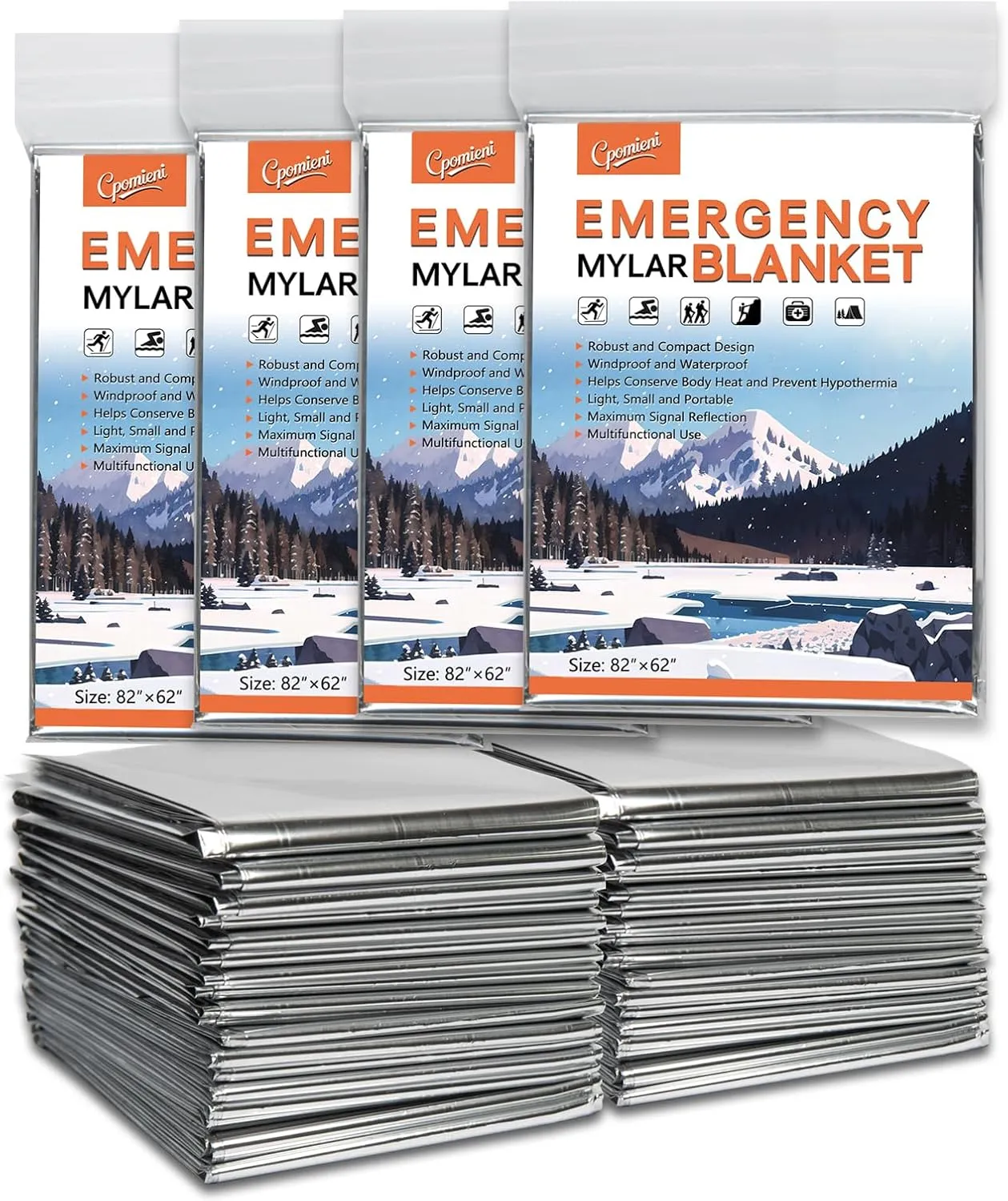 4 -Pack Emergency Blanket, 82 x 62, Mylar Blanket, Thermal Survival Blanket for Camping, Hiking, Body Insulation, Outdoors, Survival