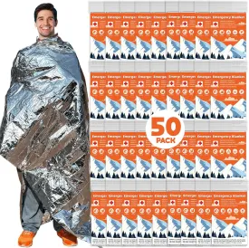50 Pack Emergency Thermal Blanket Survival, Mylar Blankets for Outdoor, Space Blanket, Silver Foil for Survival, Survival Kit Camping Blankets, Body Warmer, First Aid, Hiking 84 x 52