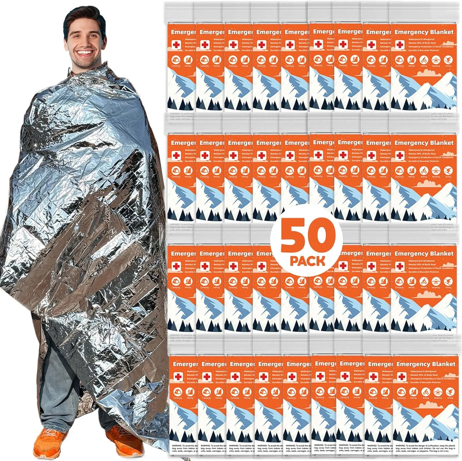 50 Pack Emergency Thermal Blanket Survival, Mylar Blankets for Outdoor, Space Blanket, Silver Foil for Survival, Survival Kit Camping Blankets, Body Warmer, First Aid, Hiking 84 x 52