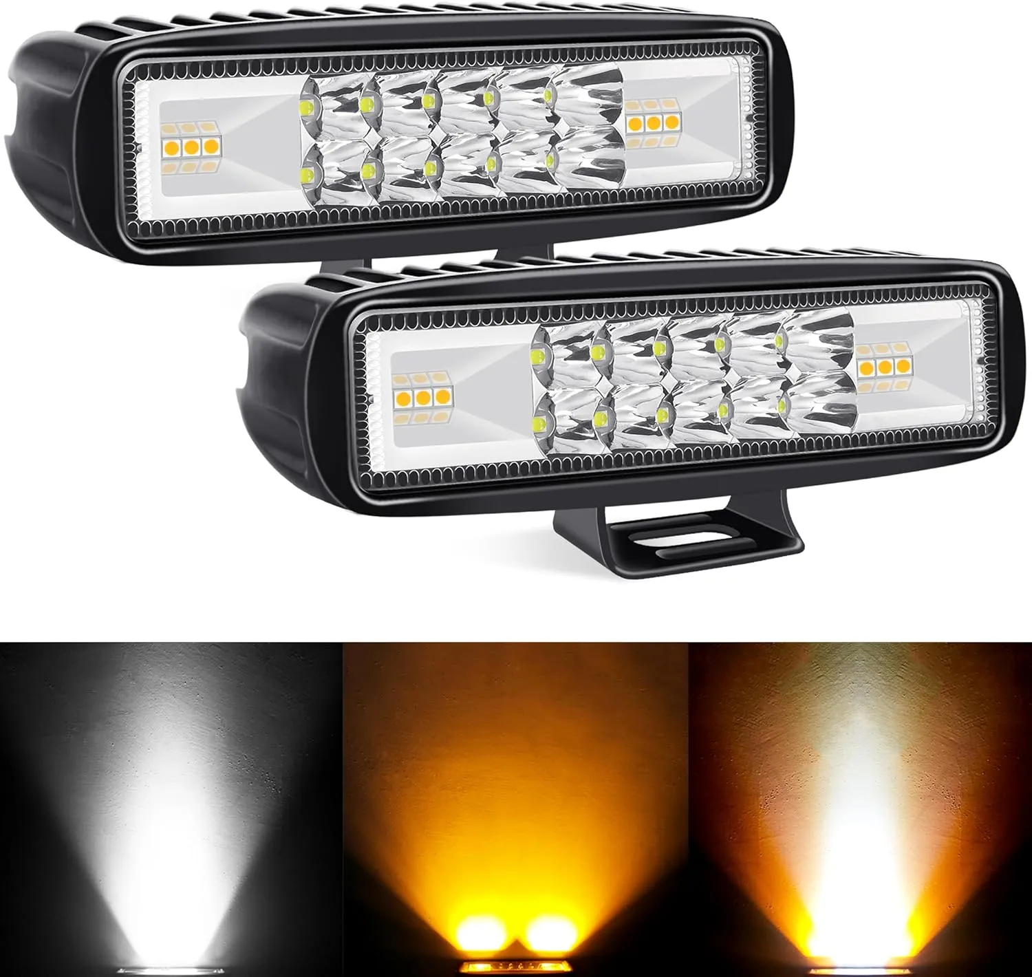 6 Inch Slim Led Light Bar, White&Yellow Flashing Waterproof Strobe Led Off road Pods Lights For SUV ATV Car Truck Golf Cart 12V 24V Amber Led Driving Fog Lights (2 Pack)