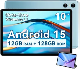 Android Tablet 10 Inch, 2025 Android 15 Tablet for Kids Adults, Octa-Core, 12GB RAM 128GB Storage 1TB Expandable, Dual Cameras 8MP 2MP, Split Screen, 6000mAh GPS Dual Speakers Face Unlock WiFi- Blue