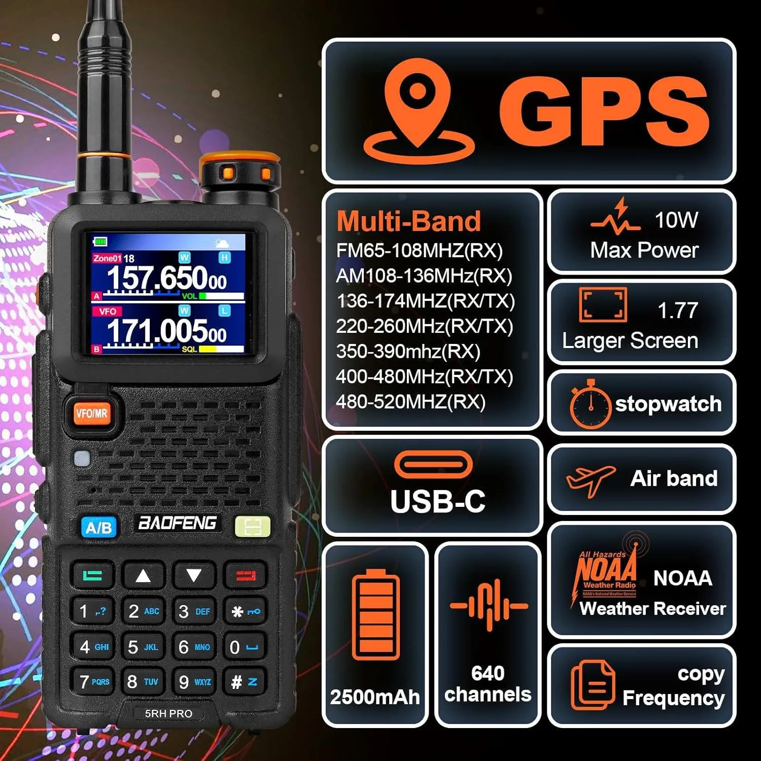 BAOFENG 5RH PRO GPS 10W Tri Band Ham Radio Long Range Handheld Two Way Radio,640CH,NOAA Weather Receiver,Walkie Talkies with Earpiece,USB-C Rechargeable 2500mAh Battery,Upgrade of baofeng 5RM,2 Pack