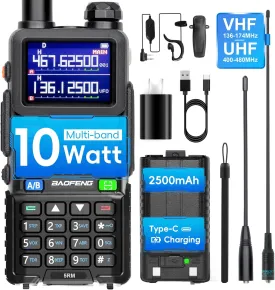 BAOFENG 5RM Ham Radio 10W High Power, VHF/UHF, 8 Bands Long Range Two Way Radio Handheld, NOAA, Frequency Copy, 999CH,USB C Charging 2500mAh Battery,6.1" &15.12" 771 Long Antenna-1 Pack Full Kit