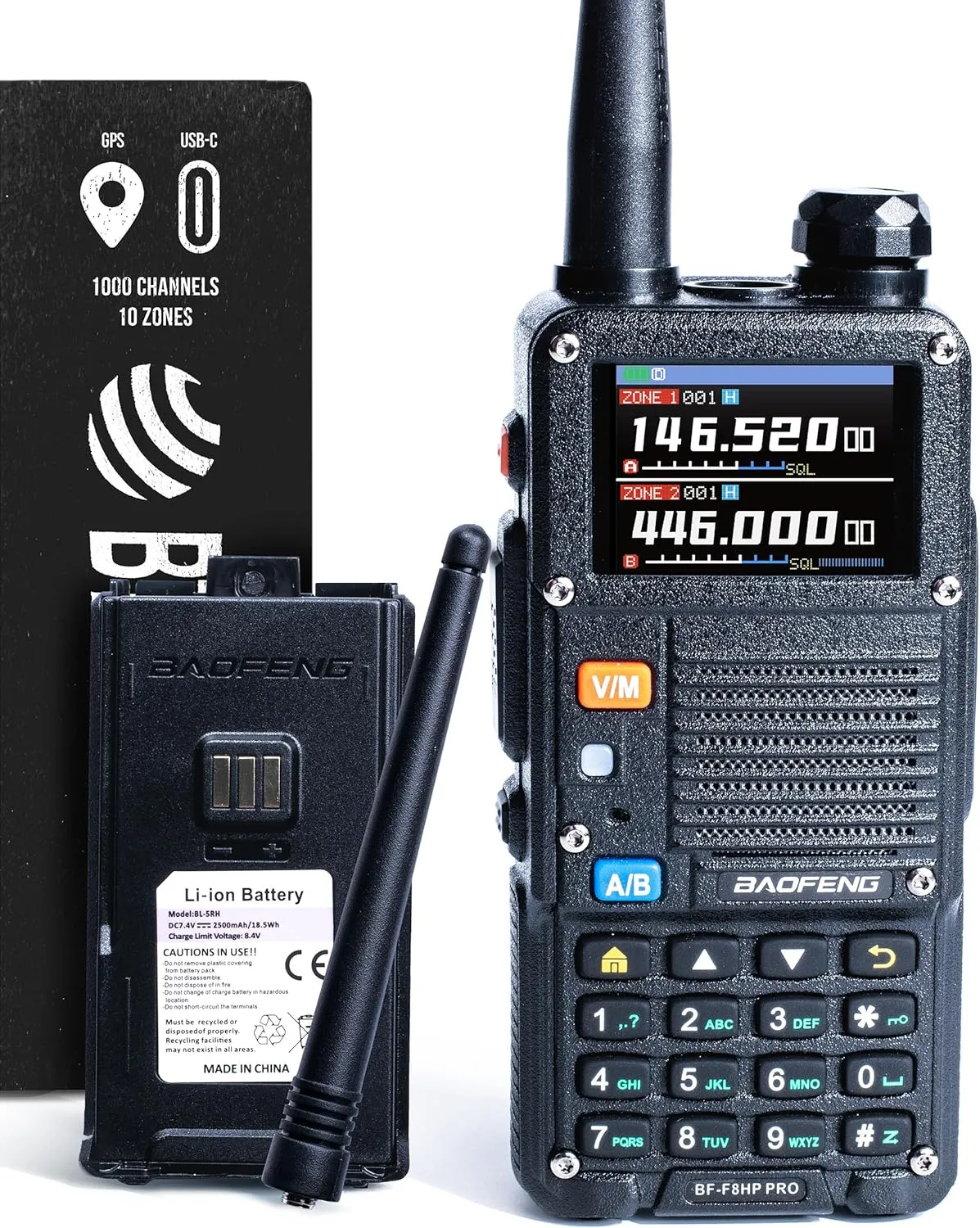 BAOFENG BF-F8HP PRO (UV-5R 7th Gen) 8W Tri Band Two-Way Radio - VHF/1.25M/UHF, IP54, 1000 Channels, GPS, Aviation Band Scanner, NOAA Weather Mode, USB-C Rechargeable Battery