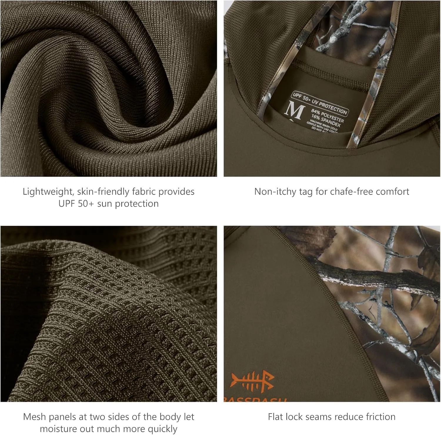 BASSDASH Mens UPF 50 Performance Fishing Shirt Cooling Hoodie Camo Long Sleeve FS17M