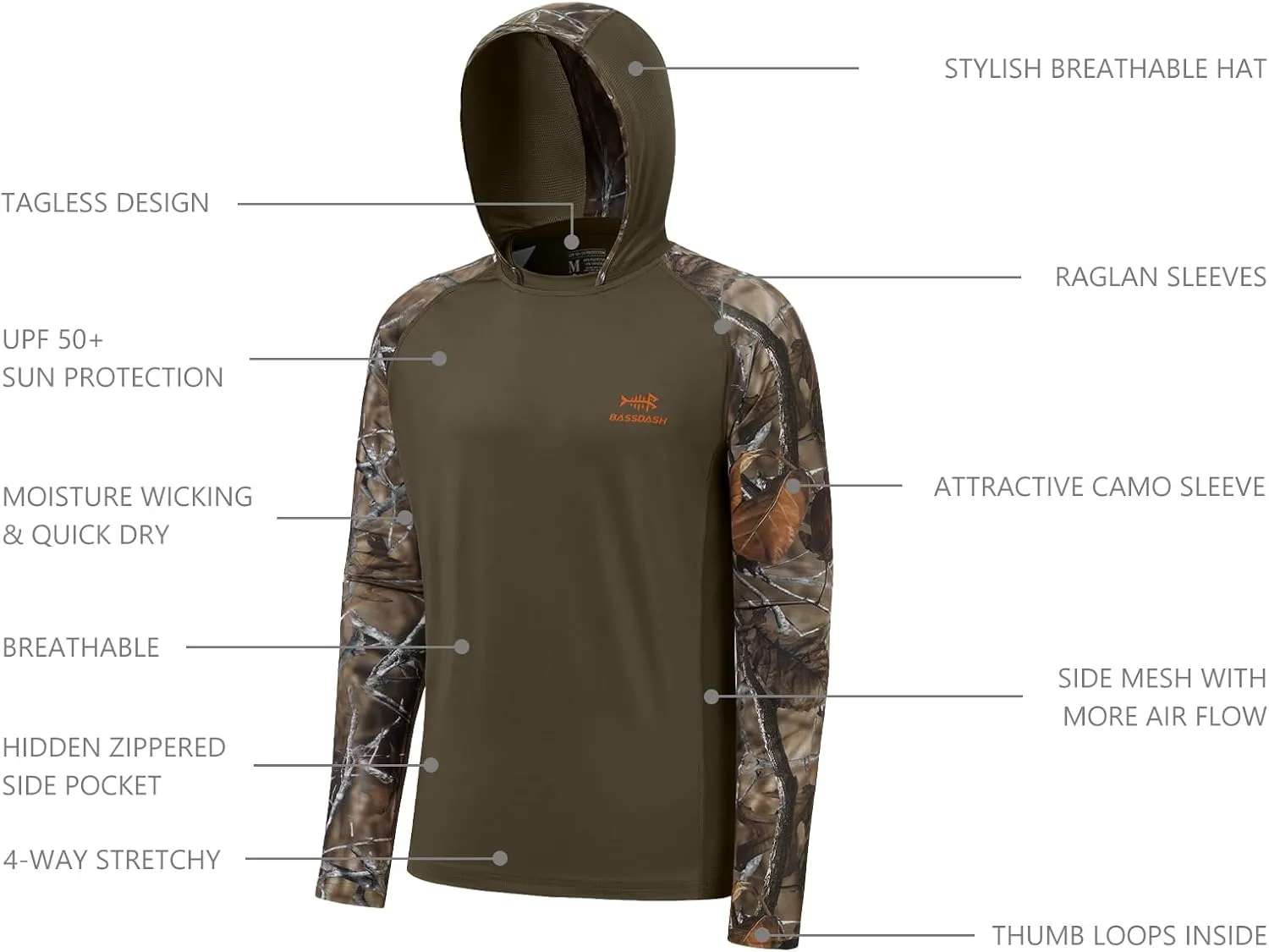 BASSDASH Mens UPF 50 Performance Fishing Shirt Cooling Hoodie Camo Long Sleeve FS17M