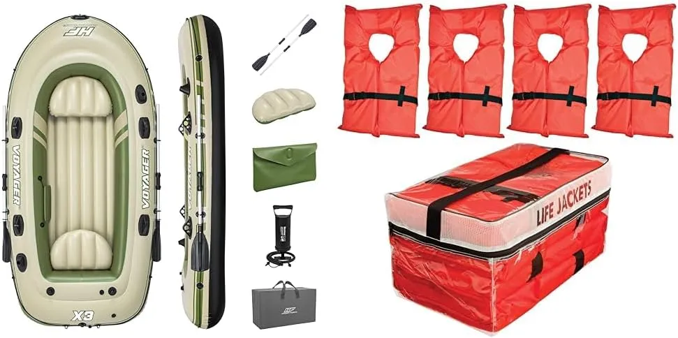 Bestway Hydro-Force Voyager X3 3 Person Inflatable Raft Set with Aluminum Oars, Hand-Pump, Carry Bag and 4 Adult Type II Life Jackets in Clear Storage Bag
