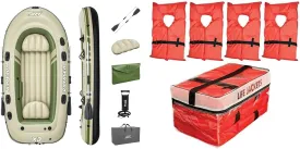 Bestway Hydro-Force Voyager X3 3 Person Inflatable Raft Set with Aluminum Oars, Hand-Pump, Carry Bag and 4 Adult Type II Life Jackets in Clear Storage Bag