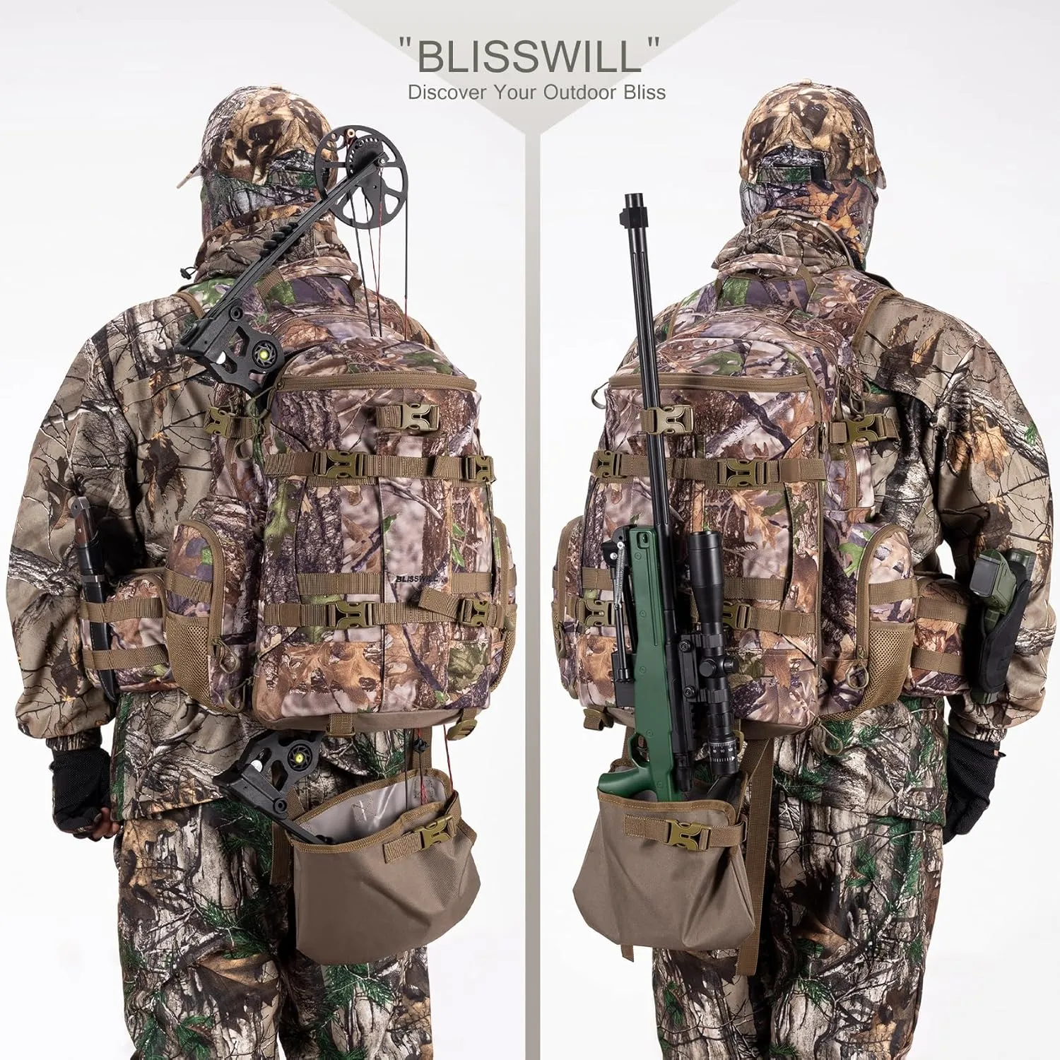 BLISSWILL Large Hunting Backpack with padded weapon compartment for Bow Rifle with Waterproof Rain Cover Hunting Gear Accessories 40L(Supercamo Timber)
