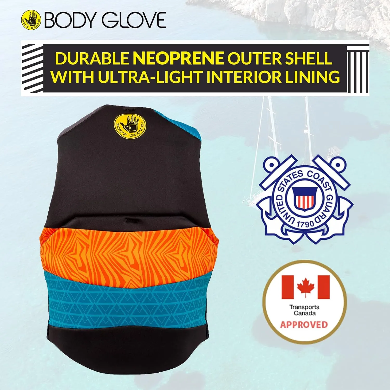 Body Glove Phantom Men's Neoprene Life Vest, USCG and Transport Canada Approved PFD, Lightweight, Fit for Boating Fishing Kayaking Rafting Paddling