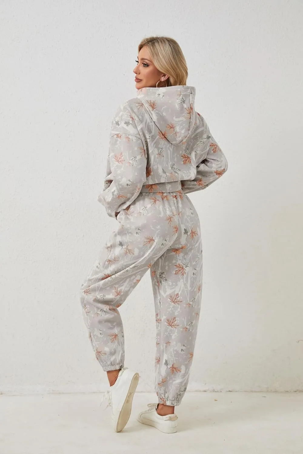 Camo Sweatsuits for Women Set 2 Piece Camo Hoodies Maple Leaf Print Oversized Sweatshirt Lounge Sets Fall Outfits