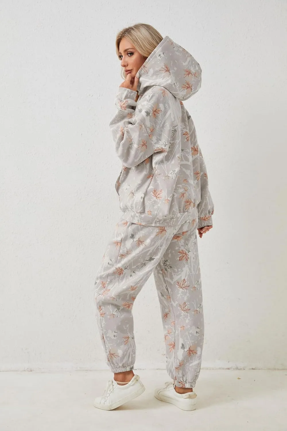 Camo Sweatsuits for Women Set 2 Piece Camo Hoodies Maple Leaf Print Oversized Sweatshirt Lounge Sets Fall Outfits