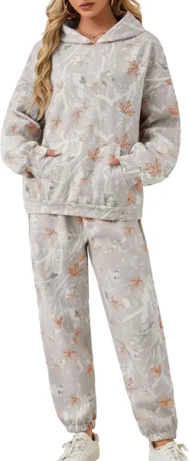 Camo Sweatsuits for Women Set 2 Piece Camo Hoodies Maple Leaf Print Oversized Sweatshirt Lounge Sets Fall Outfits
