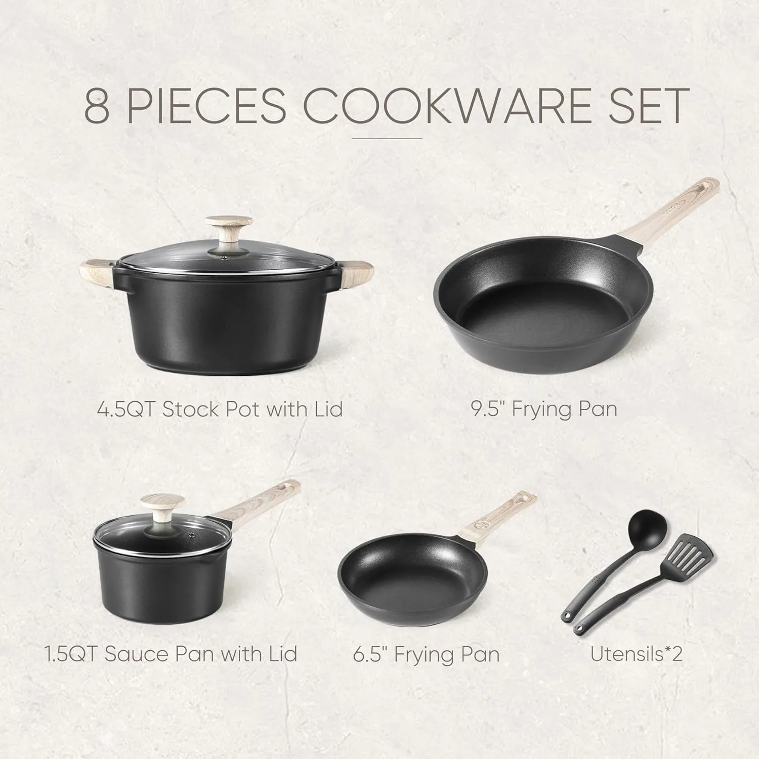 CAROTE 8pcs Pots and Pans Set Non Stick, Black Nonstick Cookware Set, Kitchen Pot and Pan Set with Lids, Frying Pan,Induction Cookware, Pan Set