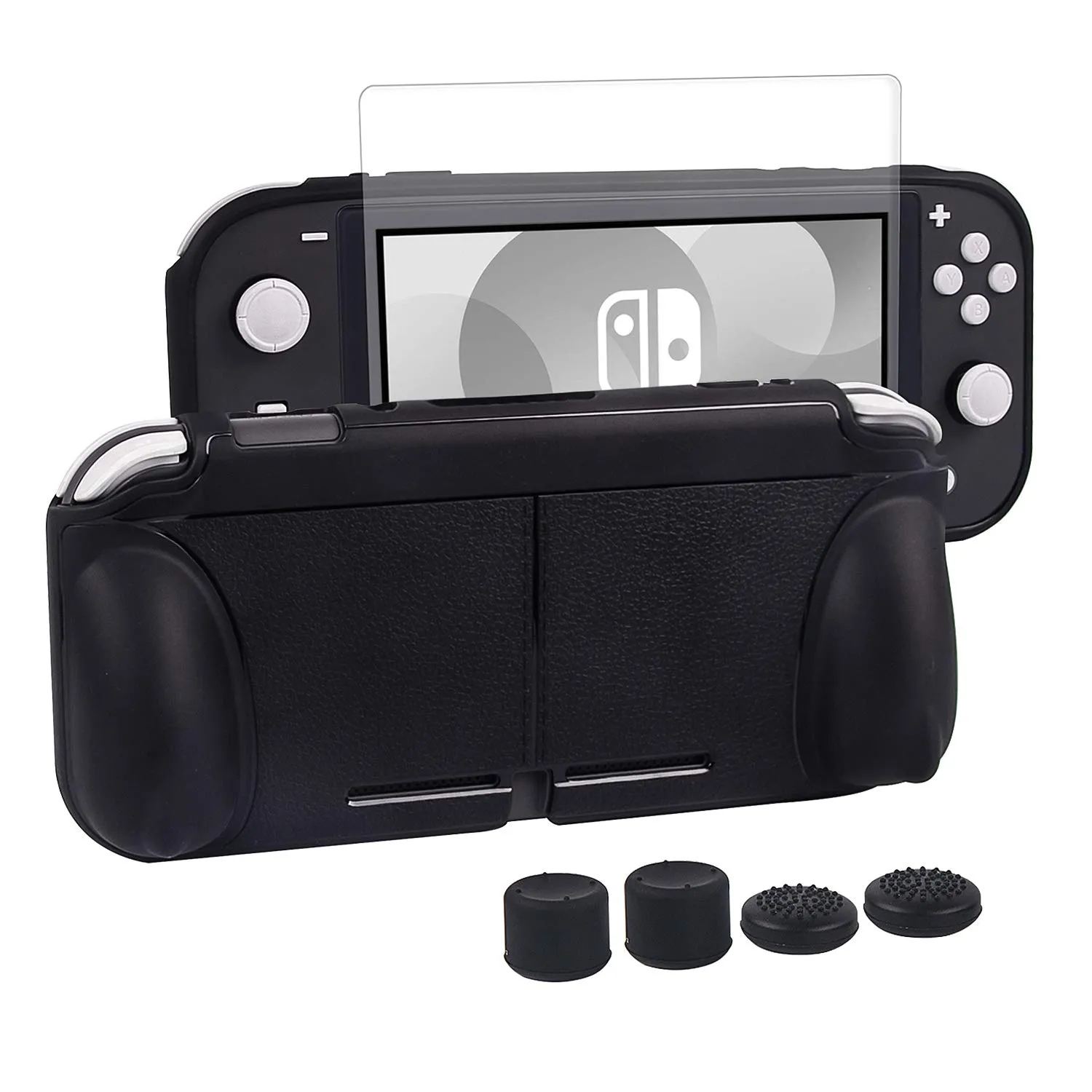 CHIN FAI Grip Case with Screen Protector for Nintendo Switch Lite 2019, Hard TPU Protective Case Cover for Switch Lite [Self Stand][4 Thumb Stick Caps] (Black)