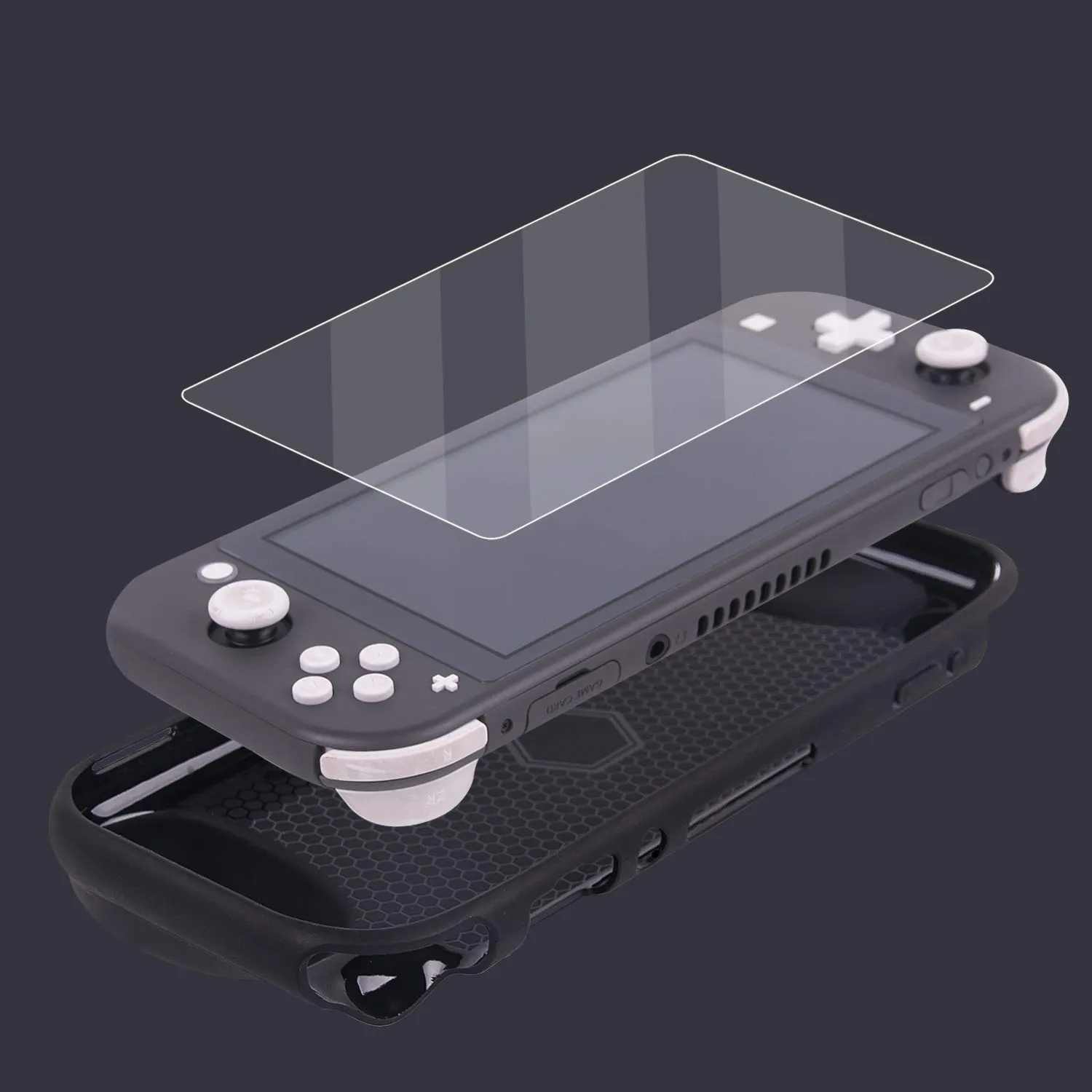 CHIN FAI Grip Case with Screen Protector for Nintendo Switch Lite 2019, Hard TPU Protective Case Cover for Switch Lite [Self Stand][4 Thumb Stick Caps] (Black)