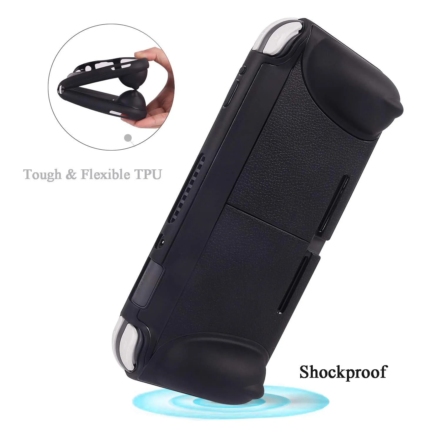 CHIN FAI Grip Case with Screen Protector for Nintendo Switch Lite 2019, Hard TPU Protective Case Cover for Switch Lite [Self Stand][4 Thumb Stick Caps] (Black)