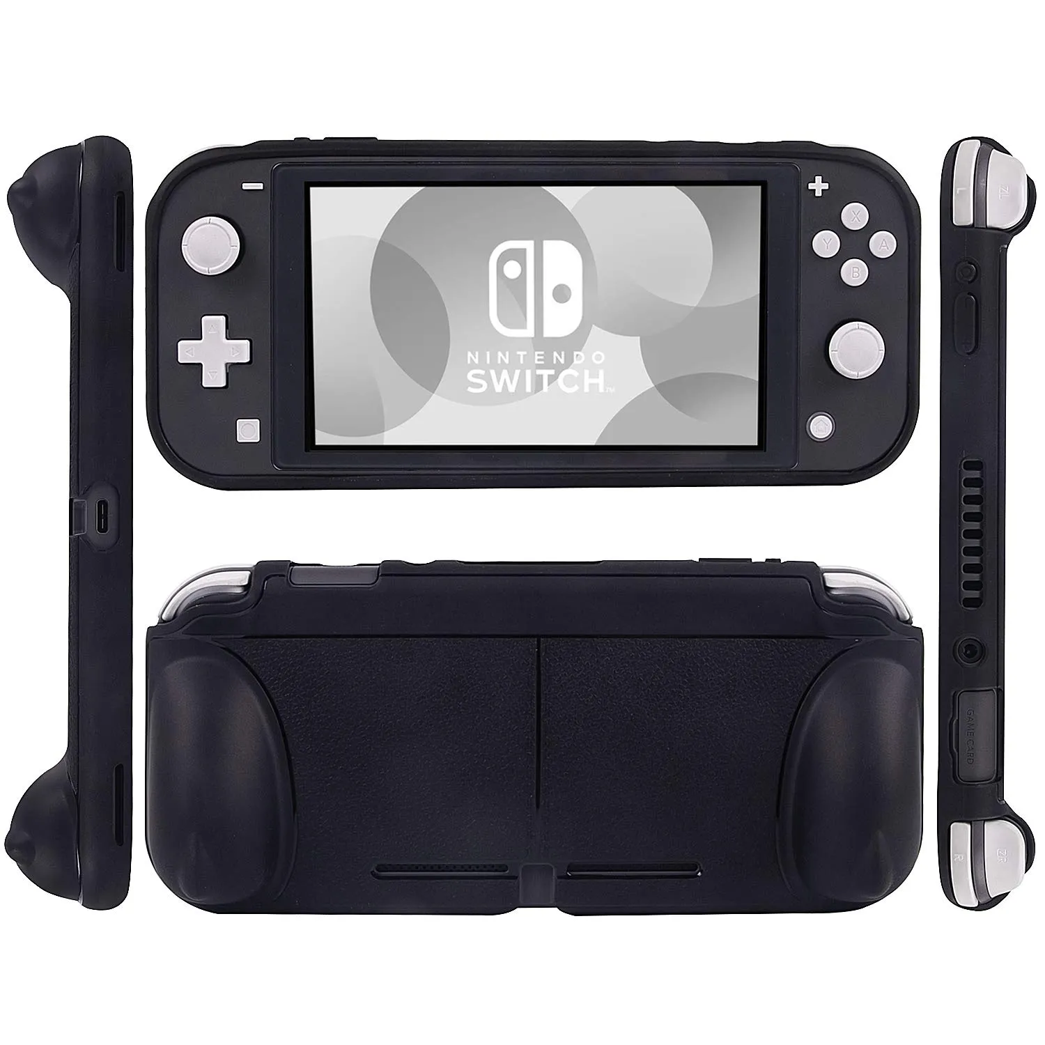 CHIN FAI Grip Case with Screen Protector for Nintendo Switch Lite 2019, Hard TPU Protective Case Cover for Switch Lite [Self Stand][4 Thumb Stick Caps] (Black)