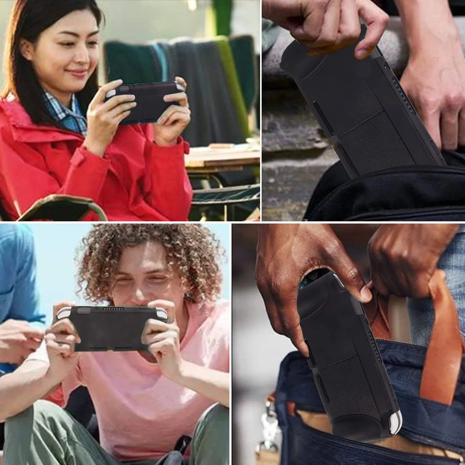 CHIN FAI Grip Case with Screen Protector for Nintendo Switch Lite 2019, Hard TPU Protective Case Cover for Switch Lite [Self Stand][4 Thumb Stick Caps] (Black)