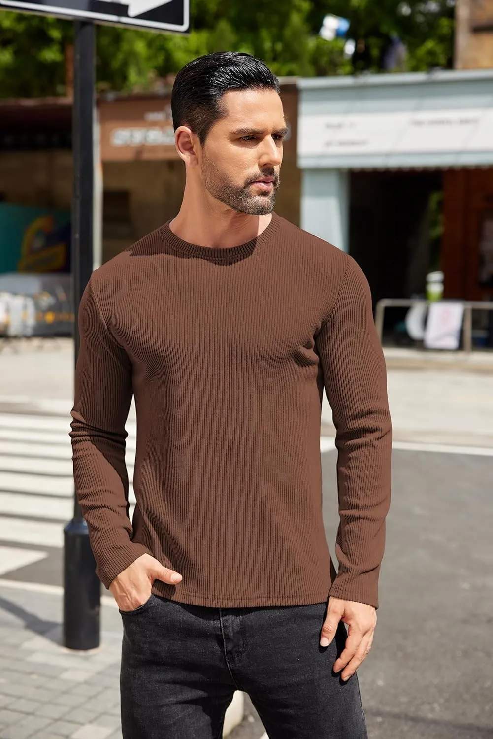 COOFANDY Mens Long Sleeve Shirts Thermal T-Shirt Slim Fit Crewneck Sweater Knitted Pullover Shirt