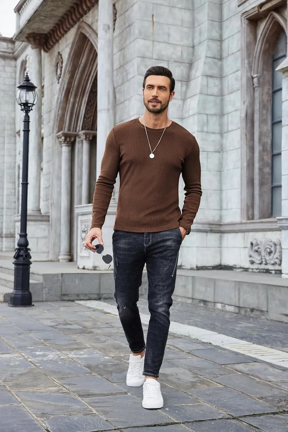 COOFANDY Mens Long Sleeve Shirts Thermal T-Shirt Slim Fit Crewneck Sweater Knitted Pullover Shirt