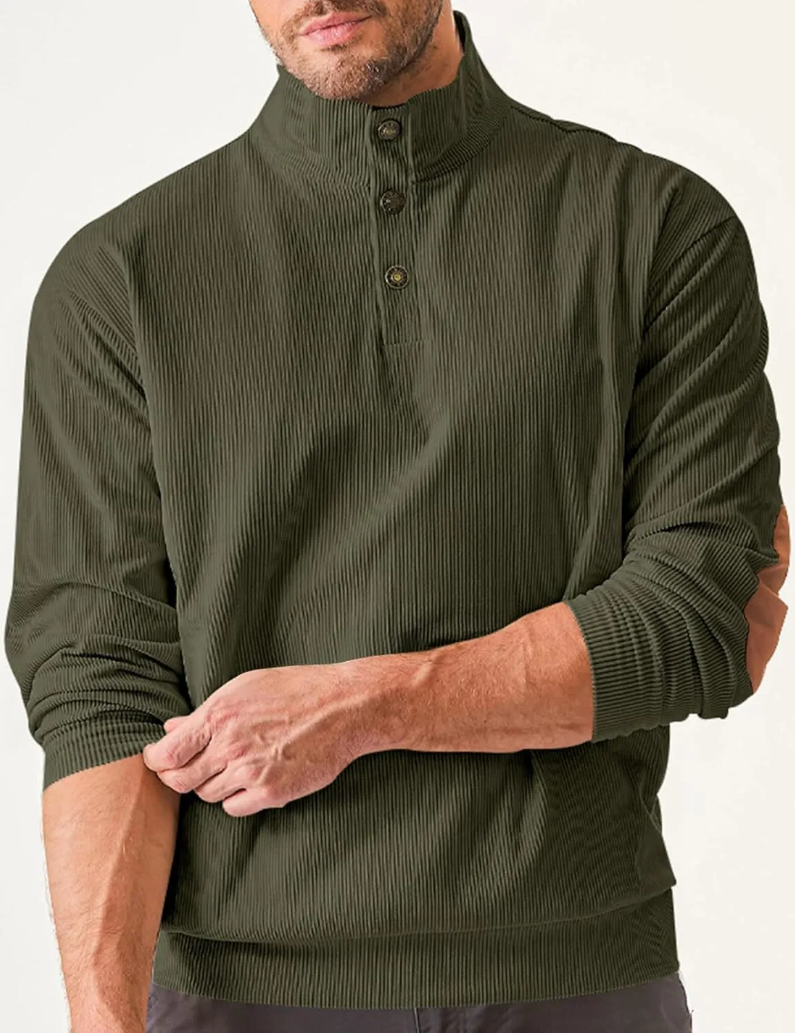 COZYPOIN Men's Corduroy Sweatshirts Casual Stand Collar Button Long Sleeve Henley Pullover Sweater with Elbow Patches