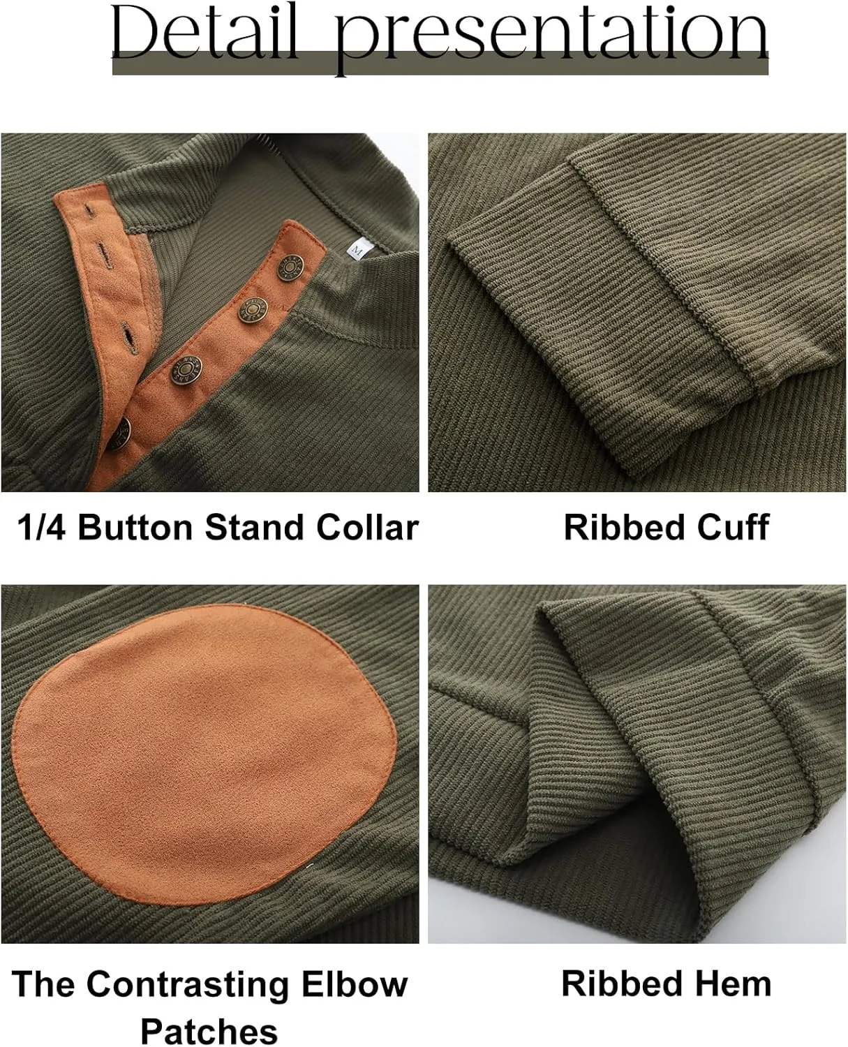 COZYPOIN Men's Corduroy Sweatshirts Casual Stand Collar Button Long Sleeve Henley Pullover Sweater with Elbow Patches