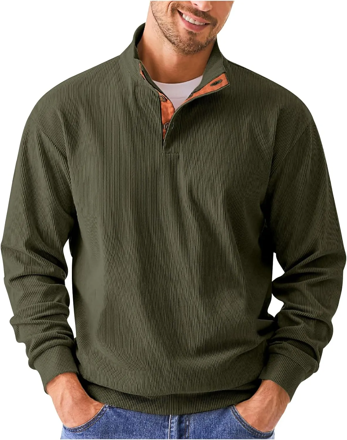 COZYPOIN Men's Corduroy Sweatshirts Casual Stand Collar Button Long Sleeve Henley Pullover Sweater with Elbow Patches