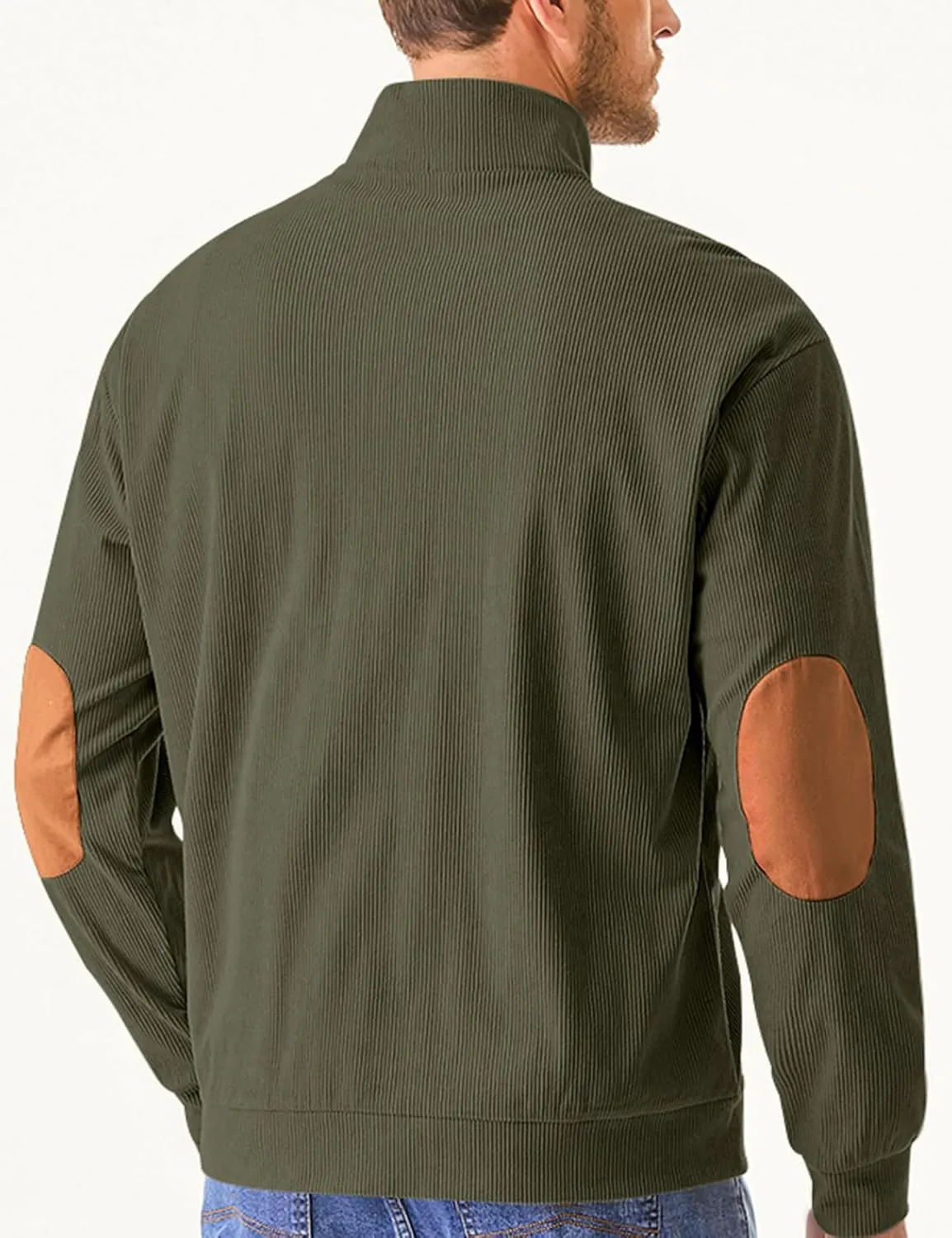 COZYPOIN Men's Corduroy Sweatshirts Casual Stand Collar Button Long Sleeve Henley Pullover Sweater with Elbow Patches