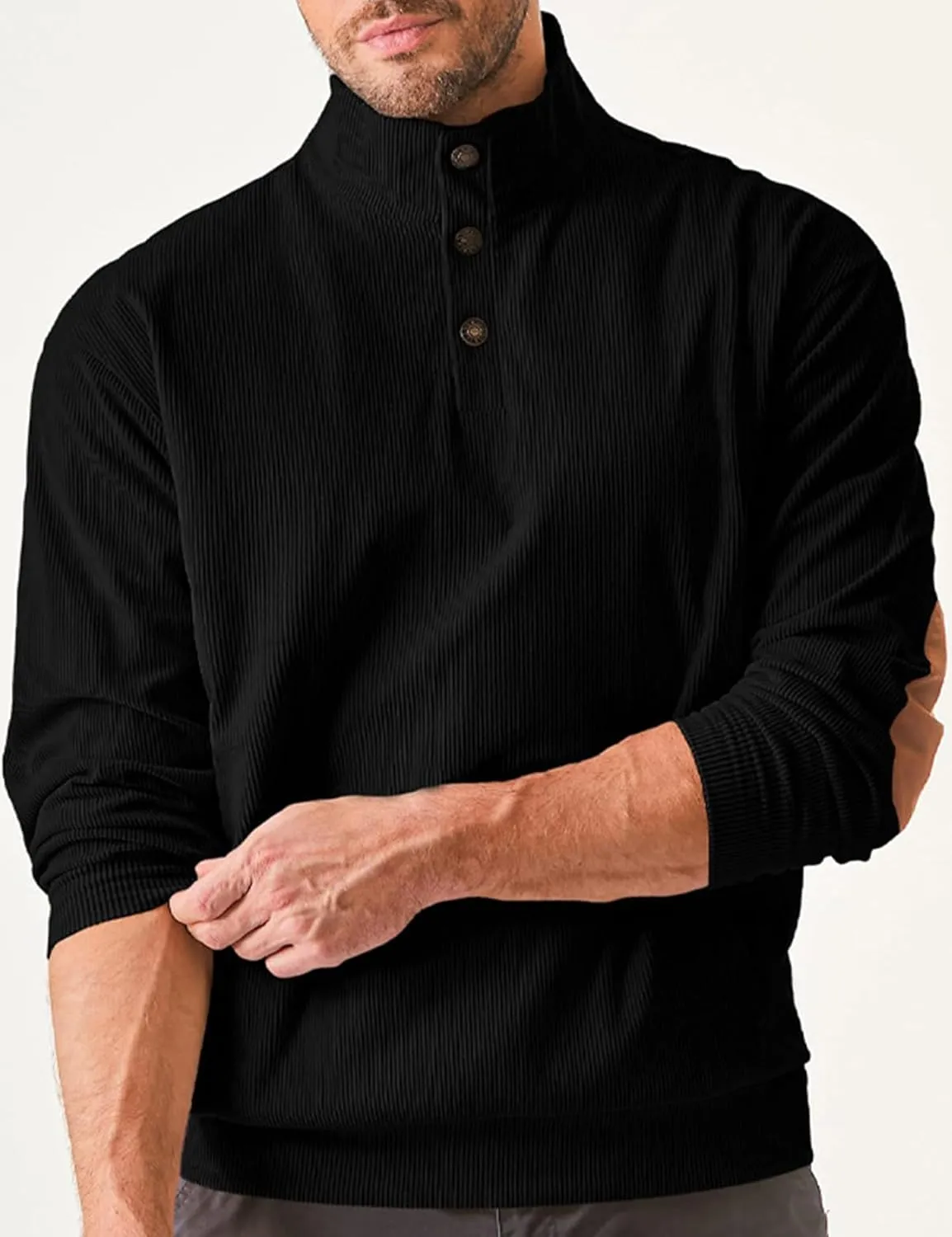 COZYPOIN Men's Corduroy Sweatshirts Casual Stand Collar Button Long Sleeve Henley Pullover Sweater with Elbow Patches