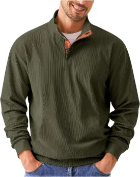 COZYPOIN Men's Corduroy Sweatshirts Casual Stand Collar Button Long Sleeve Henley Pullover Sweater with Elbow Patches
