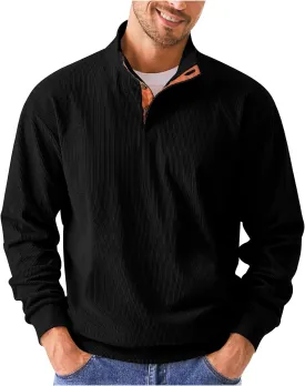 COZYPOIN Men's Corduroy Sweatshirts Casual Stand Collar Button Long Sleeve Henley Pullover Sweater with Elbow Patches