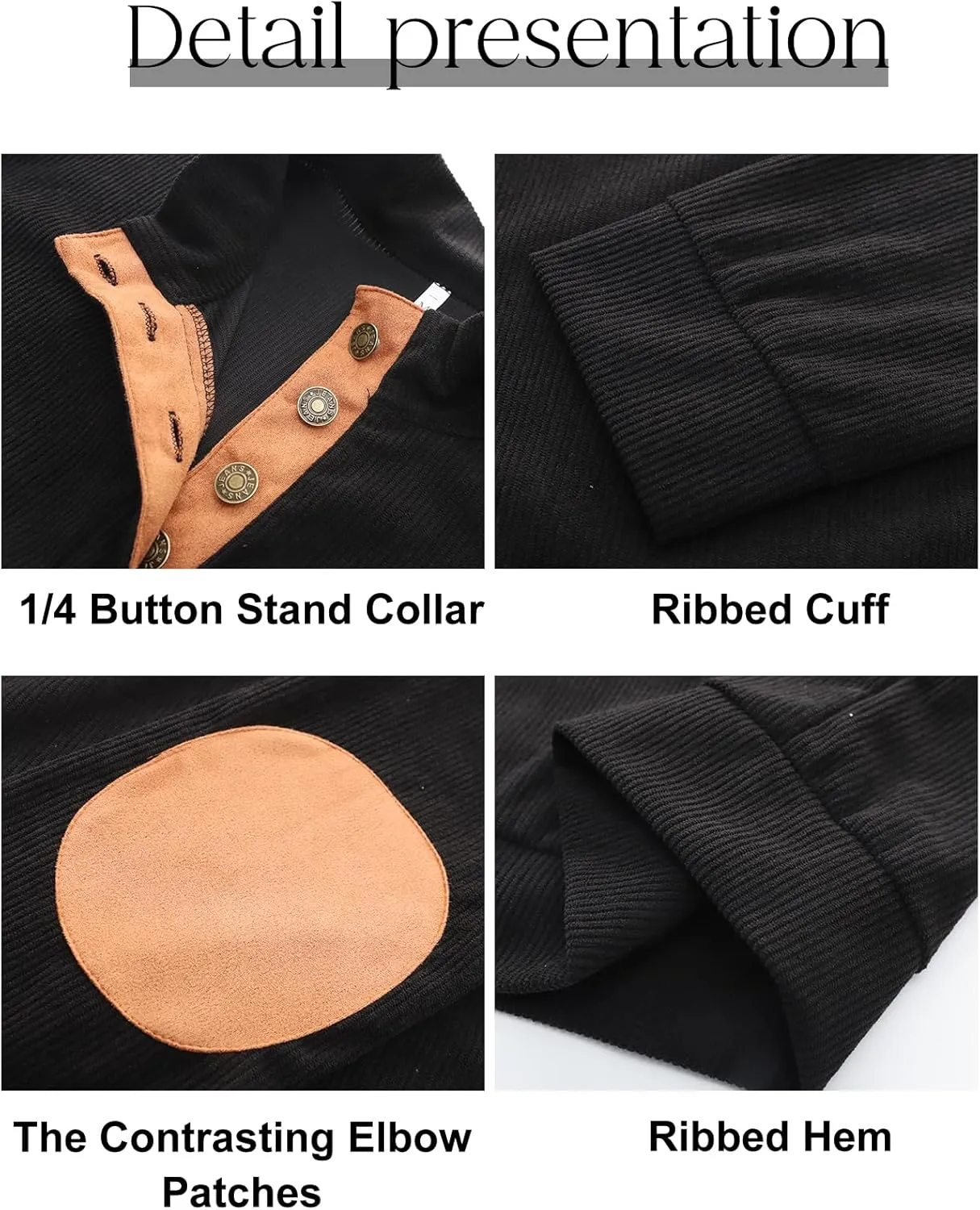 COZYPOIN Men's Corduroy Sweatshirts Casual Stand Collar Button Long Sleeve Henley Pullover Sweater with Elbow Patches