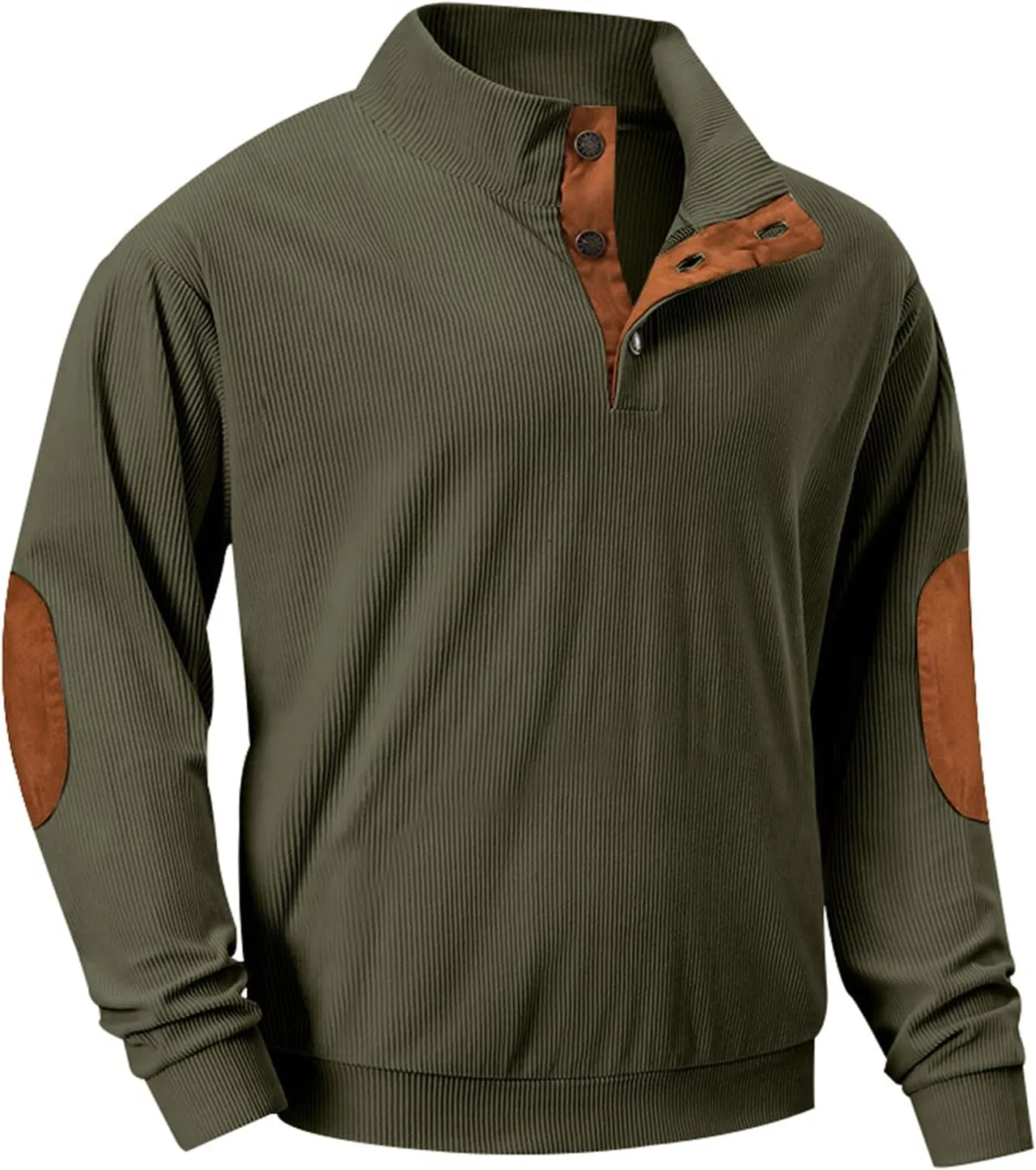 COZYPOIN Men's Corduroy Sweatshirts Casual Stand Collar Button Long Sleeve Henley Pullover Sweater with Elbow Patches