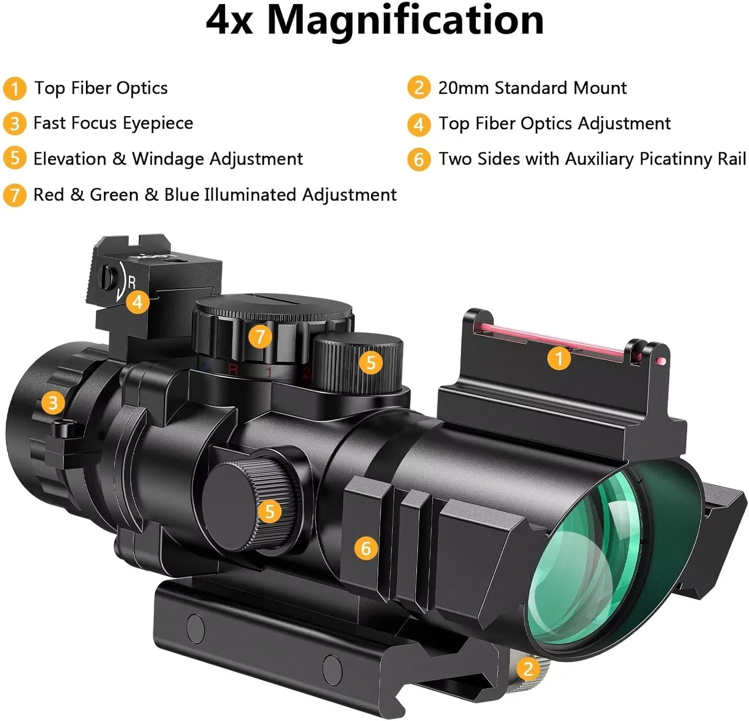 CVLIFE 4x32 Prism Tactical Rifle Scope Red & Green & Blue Illuminated Reticle Scope with Fiber Optic Sight