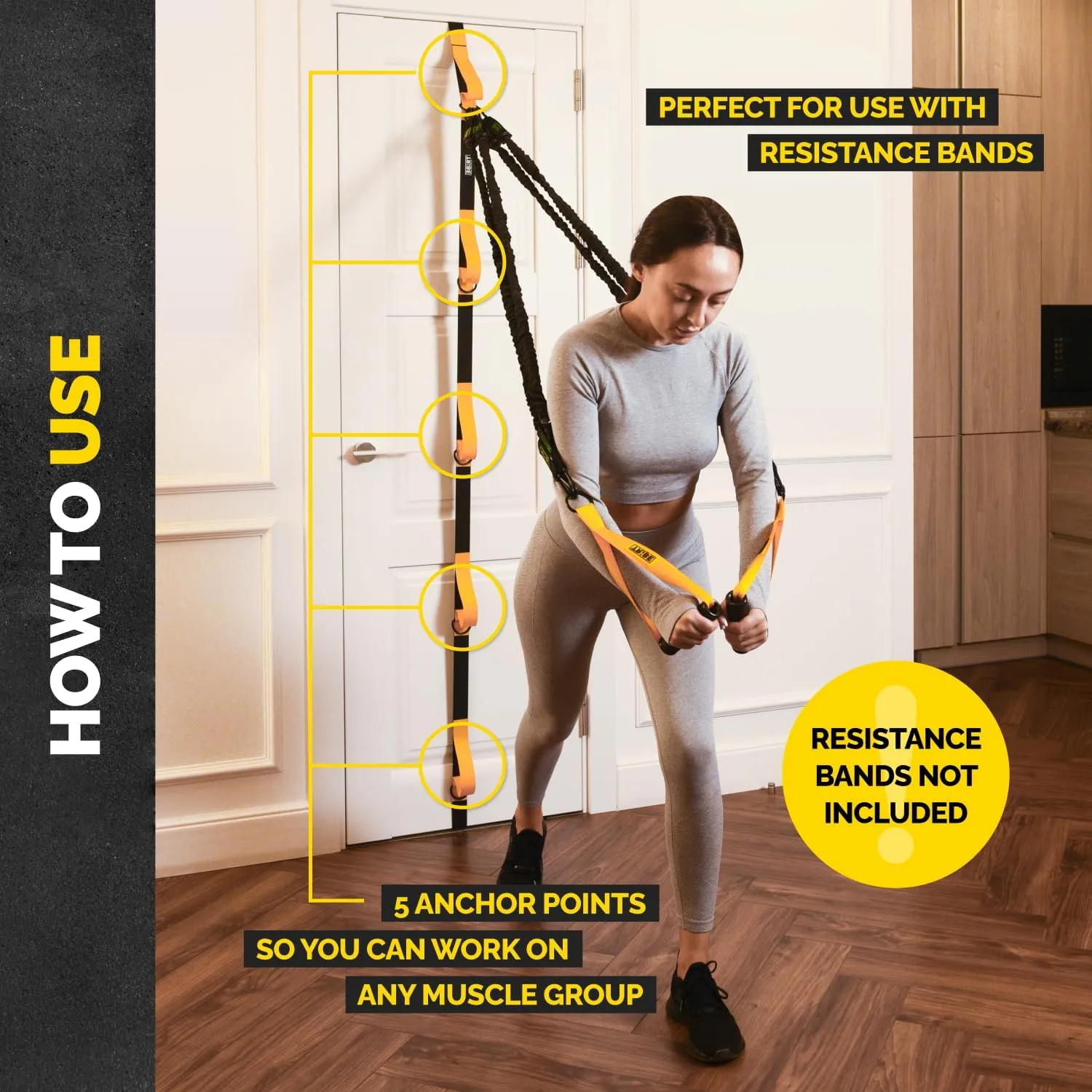 Door Anchor for Resistance Bands W/ 5 Loops & Metal Rings for Full-Body Workouts