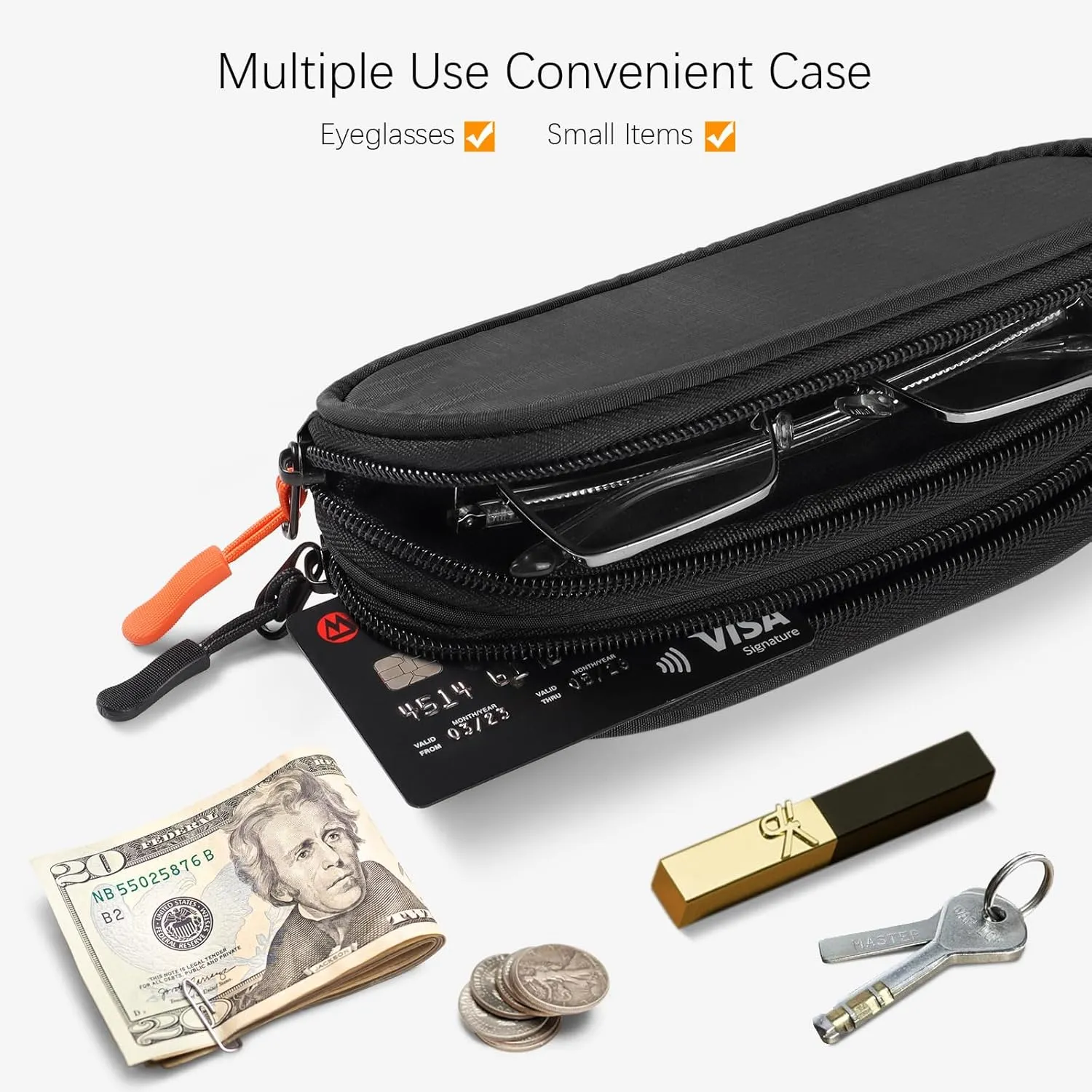 Double Eyeglasses Case Soft Portable Zipper Sunglasses Pouch with Keychain Clip for Men Women