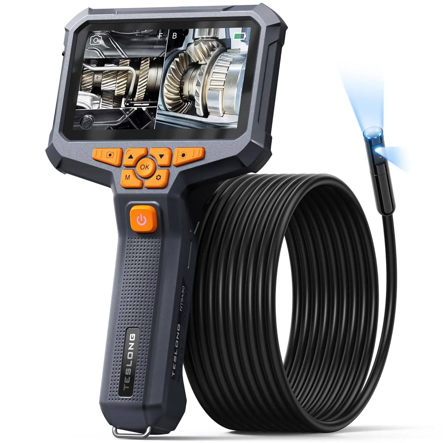 Dual Lens Endoscope Camera with Light, Teslong 4.3" HD Snake Borescope Inspection Camera, Automotive Scope Cam with Flexible Cable, Home Waterproof Fiber Optic for Sewer Drain Pipe (16.5FT)
