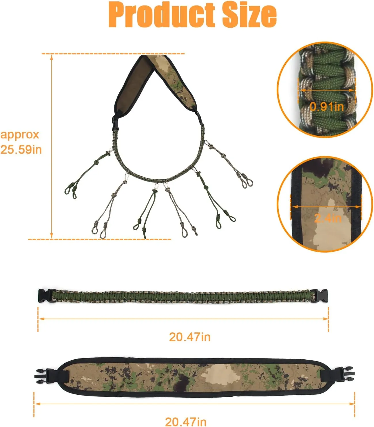 Duck Call Lanyard, Hand Braided Paracord Game Call Lanyard with 12 Adjustable Loops and 6 Buckles, Military Grade Hunting Call Lanyard for Outdoor Predator(Khaki)