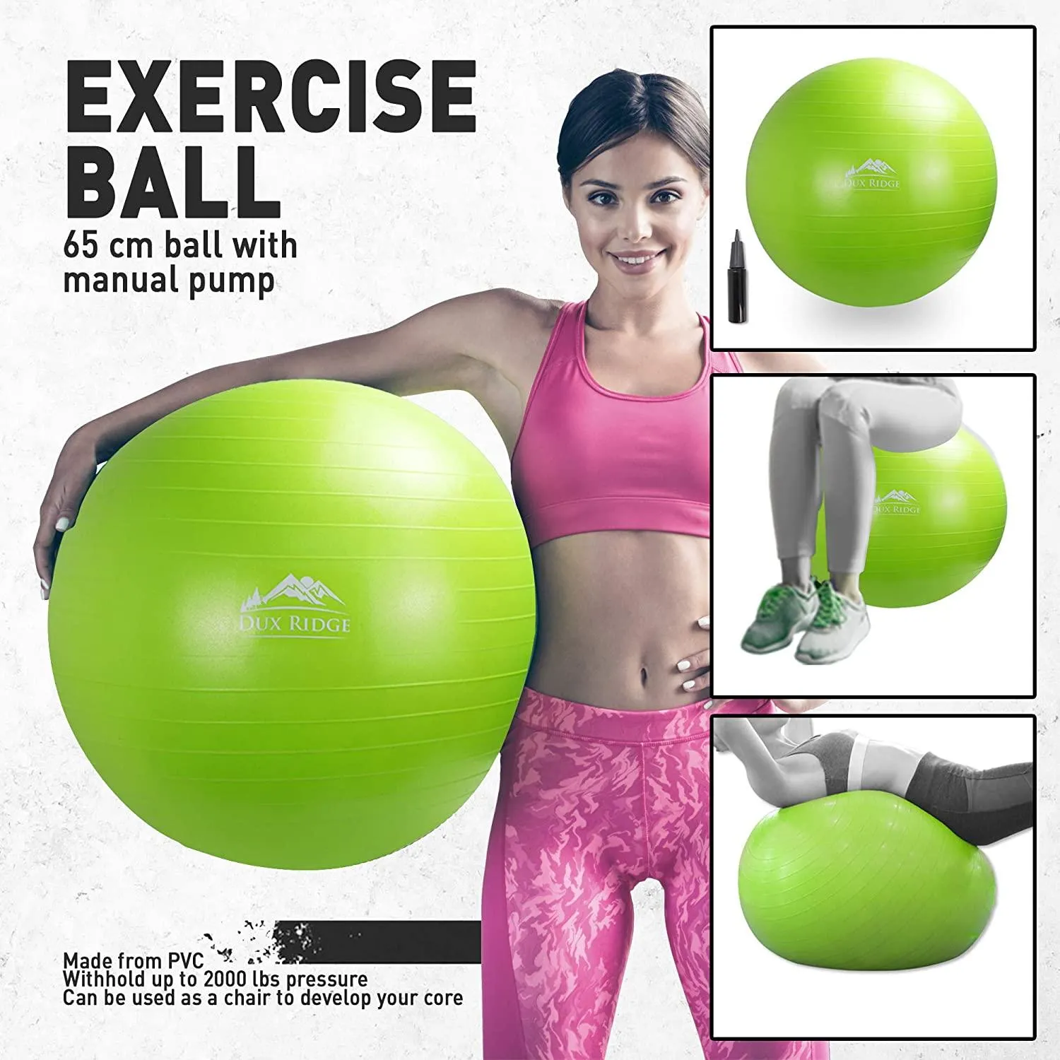 Dux Ridge Workout Pack Includes 65cm Yoga Exercise Ball/Chair with Pump - 3m Aluminium Jump Rope - 4 Progressive Loop Bands   Workout Guide to get You Started.