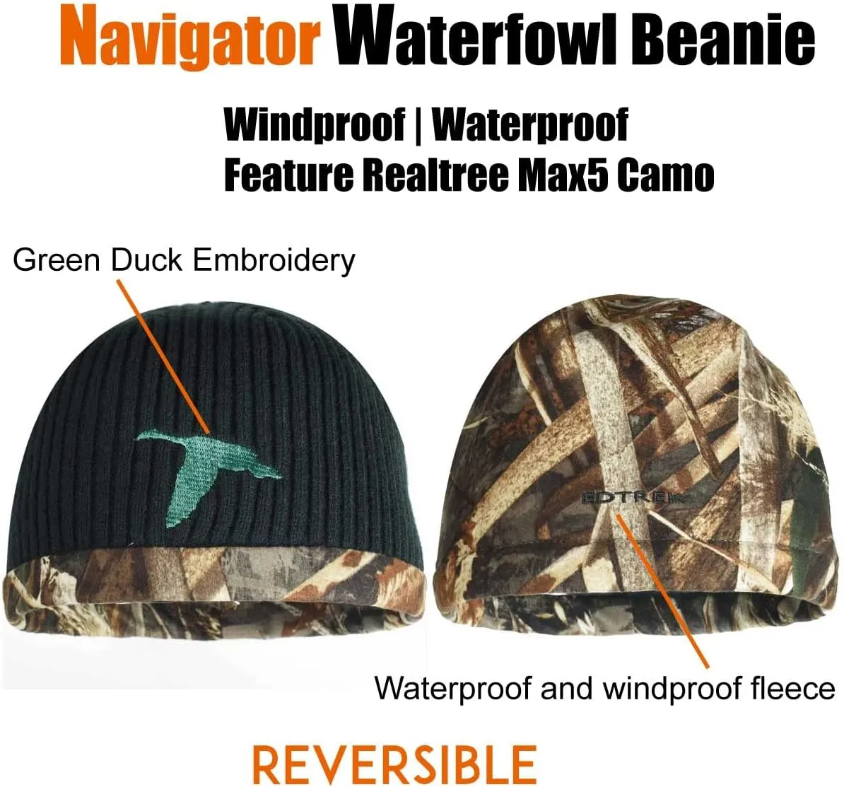 EDTREK Waterproof and Windproof Camo Beanie Hunting Hat - Timber and Blaze Orange Camo Hunter Hat