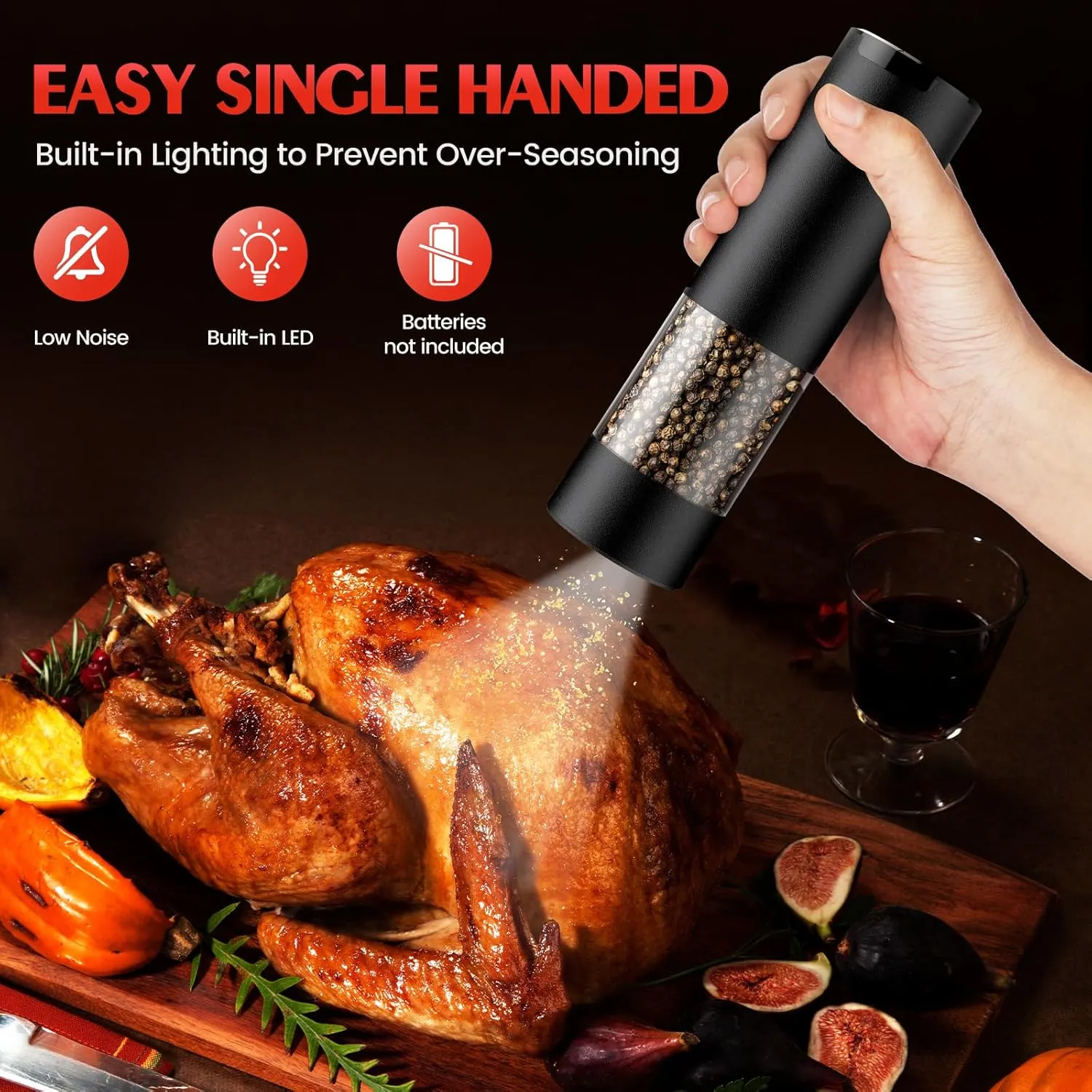 Electric Salt and Pepper Grinder Set Automatic Battery Pepper Mill Shakers Adjustable Coarseness Easy Filling Upgraded Larger Capacity with Led (2 Pack Black/Black