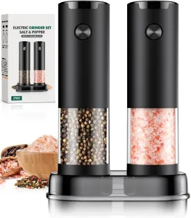Electric Salt and Pepper Grinder Set Automatic Battery Pepper Mill Shakers Adjustable Coarseness Easy Filling Upgraded Larger Capacity with Led (2 Pack Black/Black